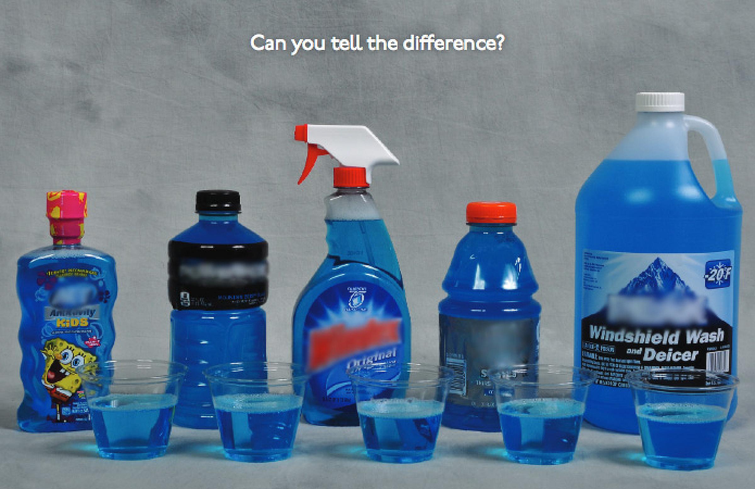 Blue look a like products showing you can't tell blue liquids apart when not labeled