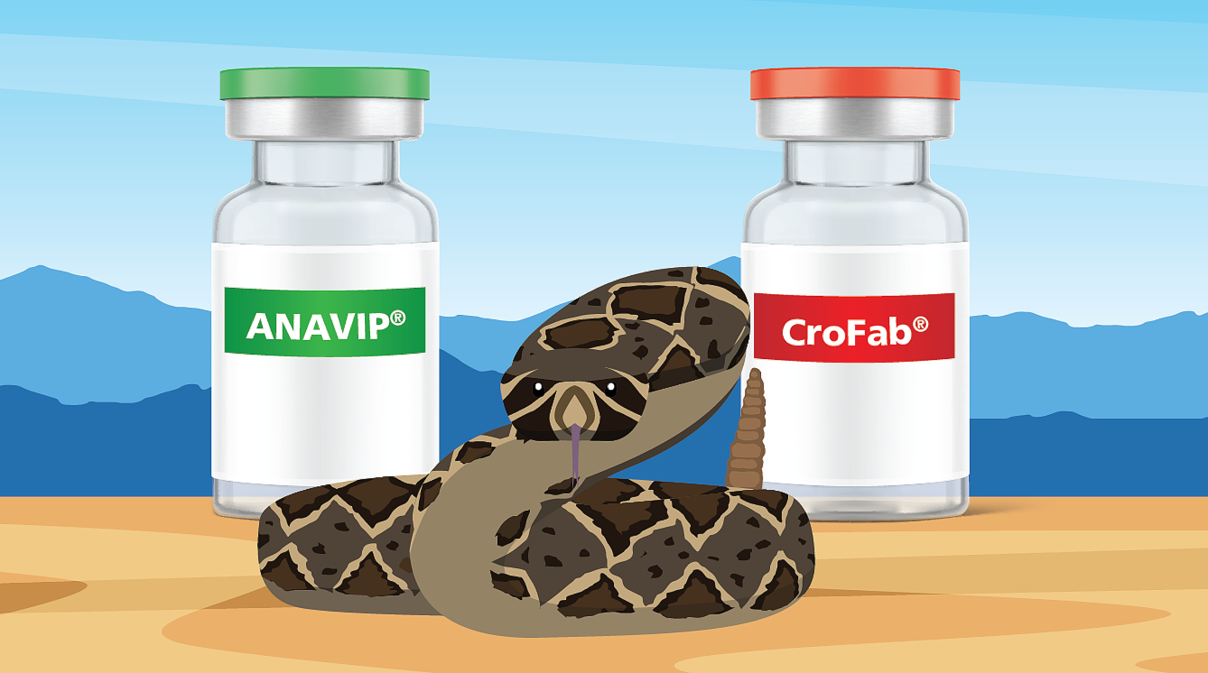 ANAVIP and Crofab vials with rattlesnake in desert