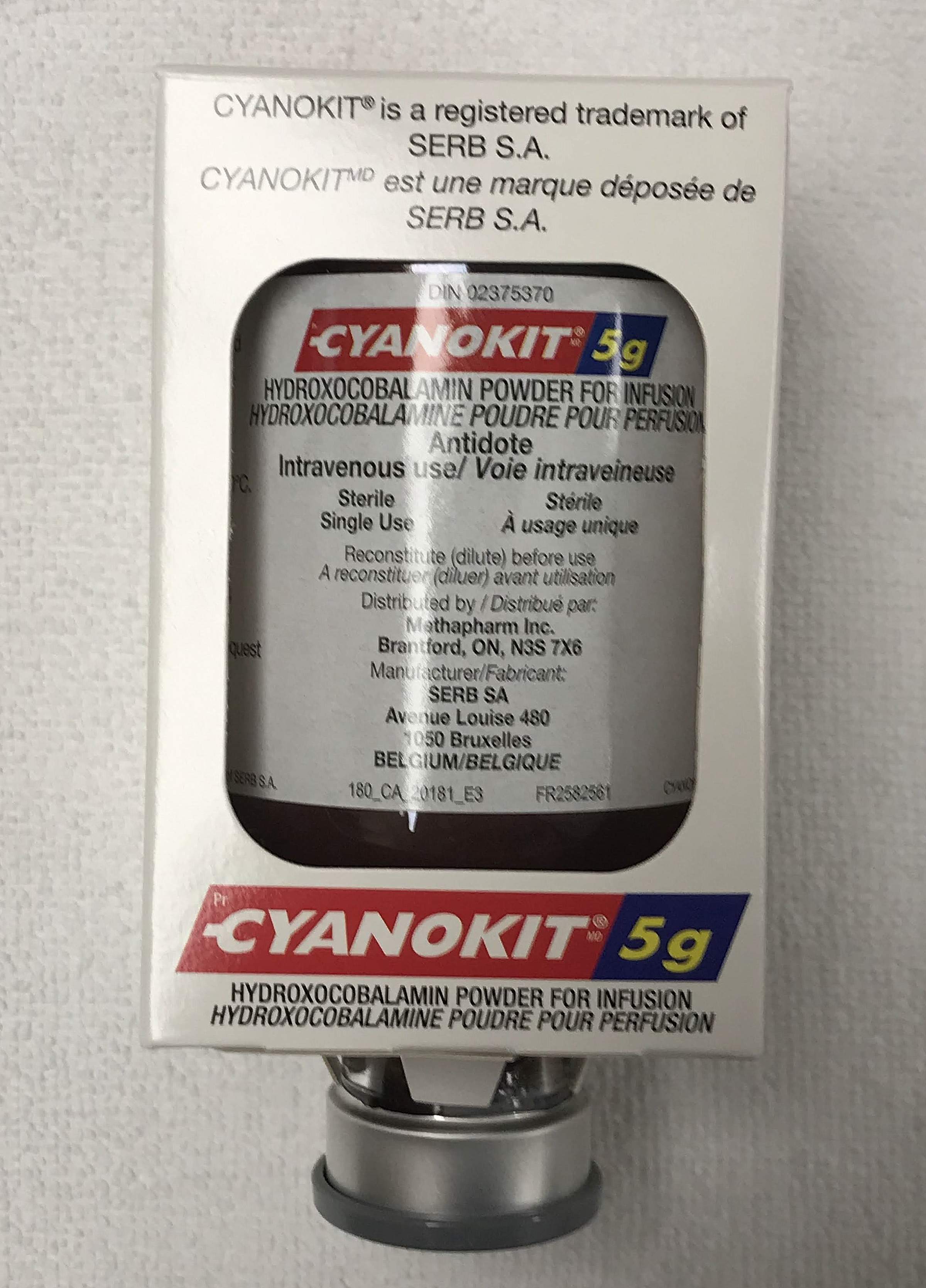 Cyanokit, Hydroxocobalamin packaged for US in cyanide toxicity.