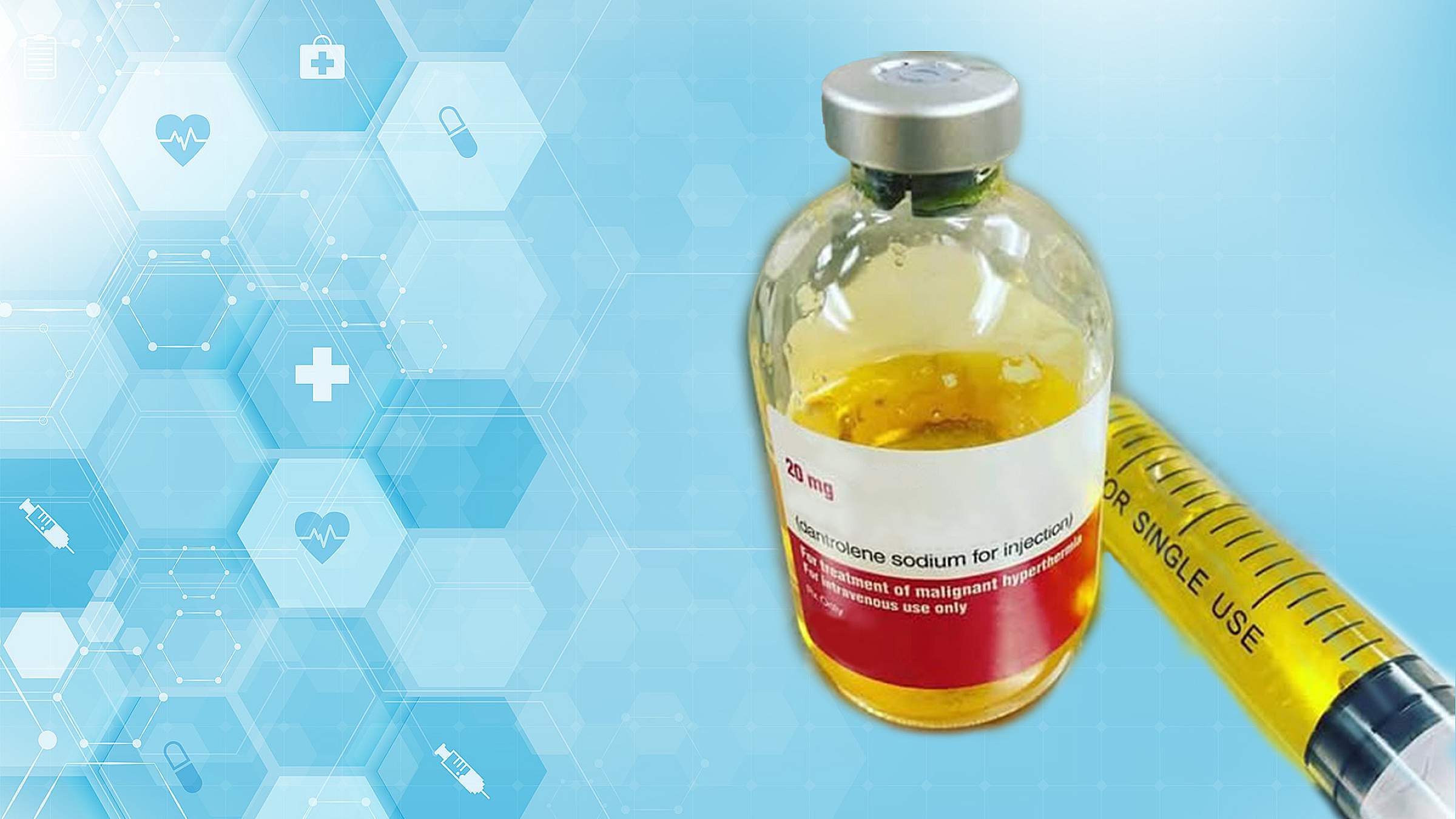 Dantrolene medication vial and syringe on abstract medical background
