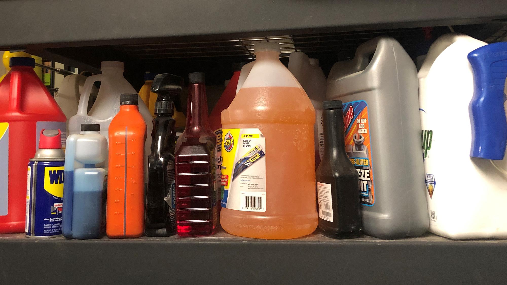 Garage chemicals on shelf